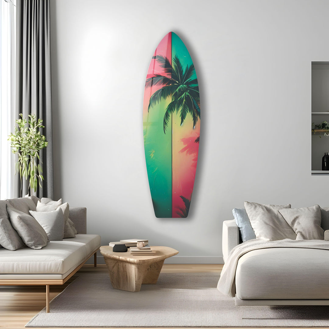 Green & Red Palm Leafs Surfboard Wall Art