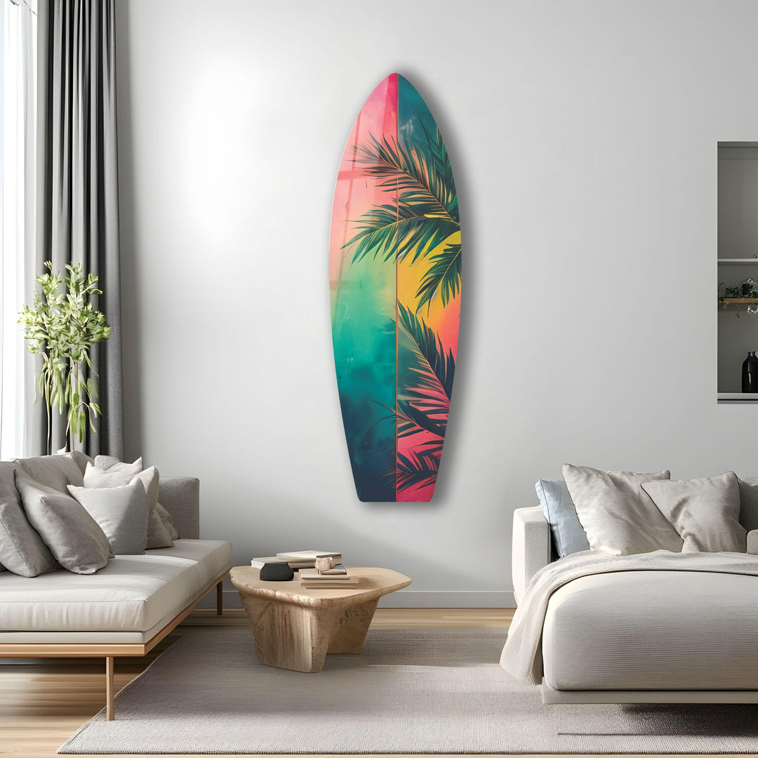 Green Palm Leafs Surfboard Wall Art