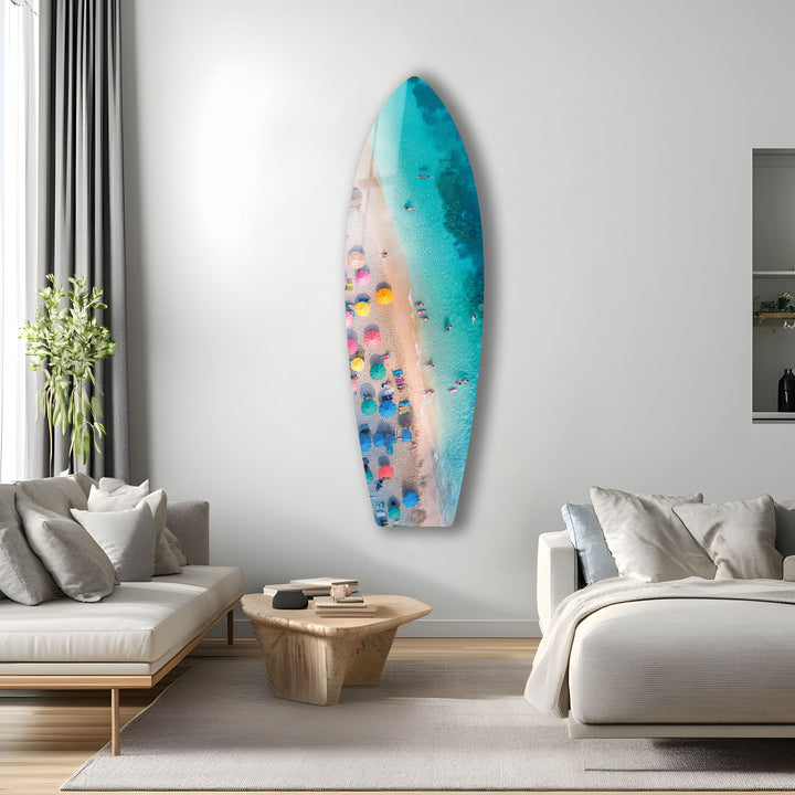 Blue Tropical Beach Surfboard Wall Art