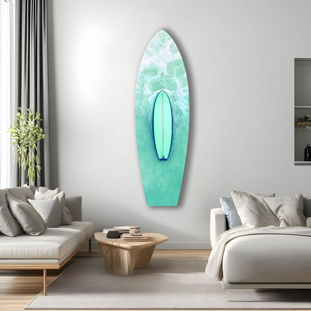 Vivid ocean art featuring a paddleboarder navigating turquoise waters, bringing nature’s beauty into your home.
