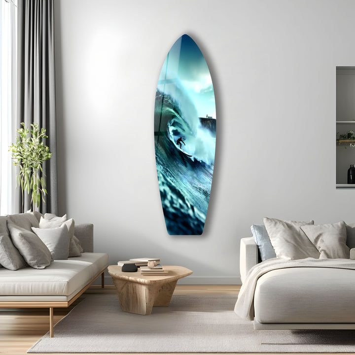 Ocean Thrills: Surfer riding a massive wave on vibrant glass wall art, perfect for adding energy to your space.
