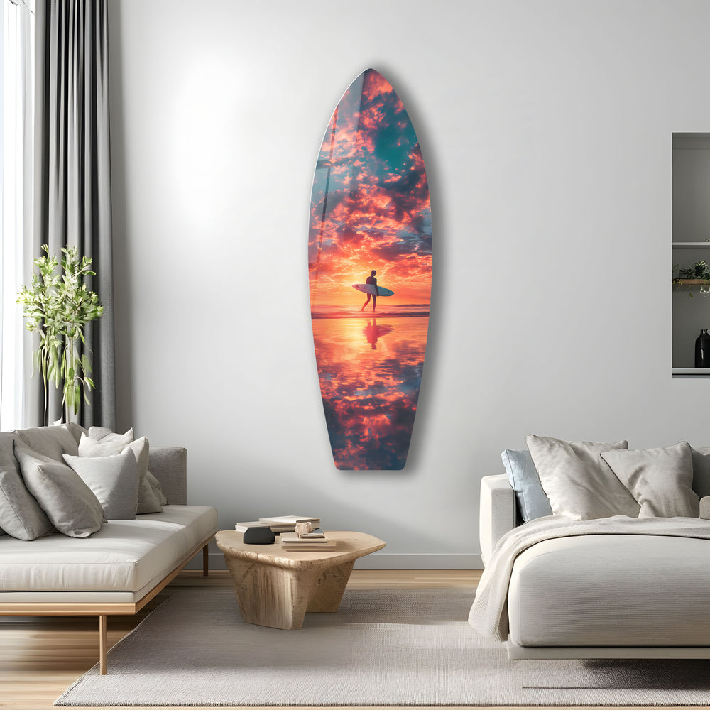 Sunset surfing scene on glass, featuring a silhouette of a surfer riding the waves.
