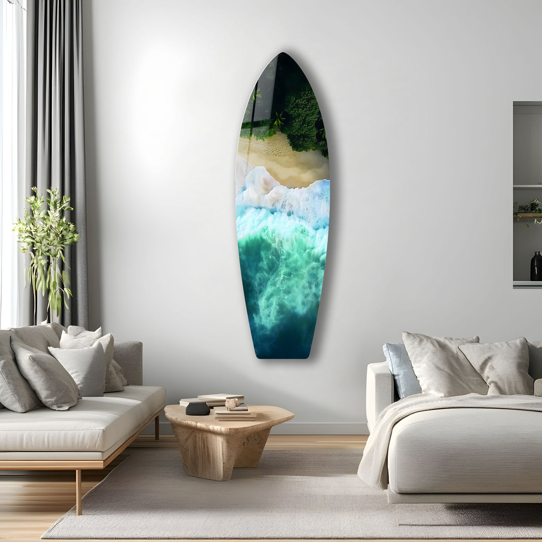 Overhead beach scene with crashing waves and tropical palms, bringing beach vibes to your home decor.
