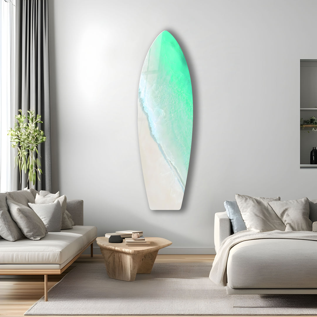 Breathtaking beach landscape with crystal-clear waves and a peaceful shore, depicted in high-quality glass.
