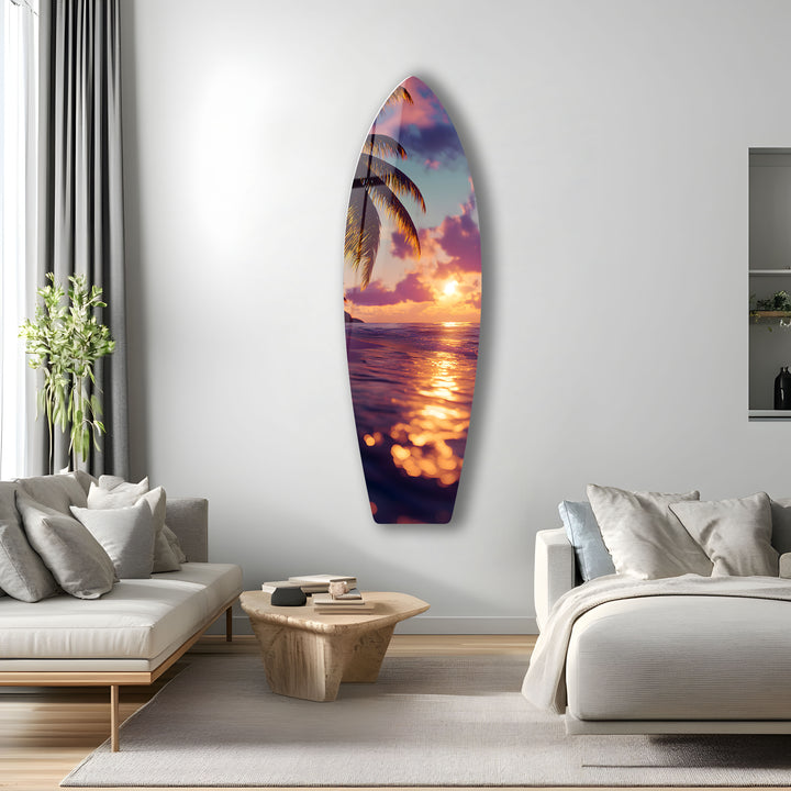 Vibrant beach sunset with palm trees framing the ocean, creating a tropical escape in your home with high-quality glass art.
