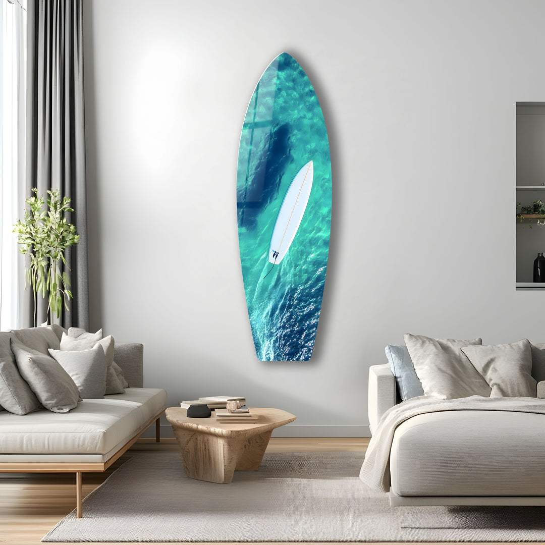 Crystal-clear ocean and a surfer in peaceful motion, printed on premium glass for a calming effect.
