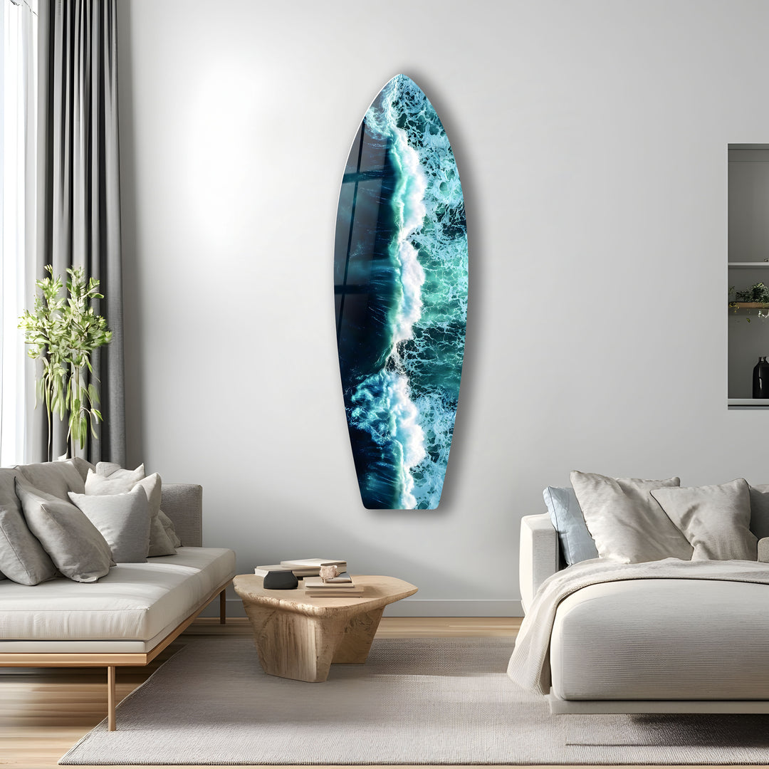 Vibrant blue waves and white foam captured in stunning glass art, bringing the beach to your walls.
