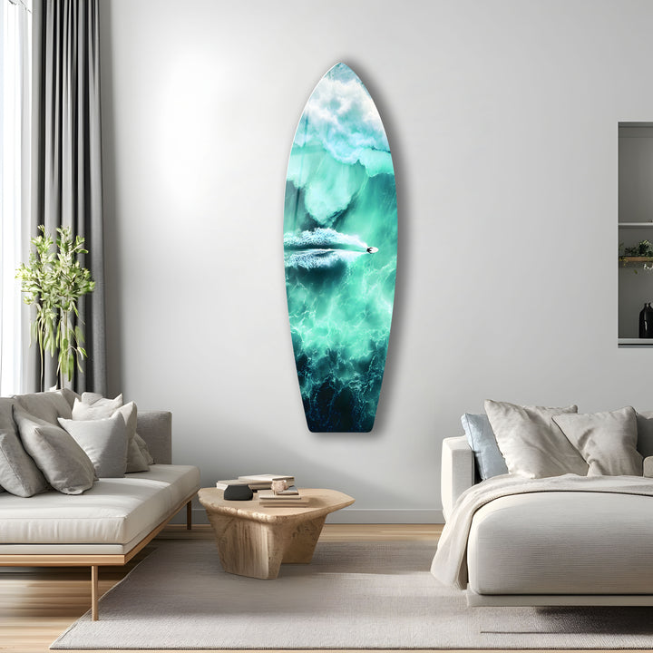 The perfect coastal decor featuring an aerial shot of a paddleboarder on calm, crystal-clear waters.
