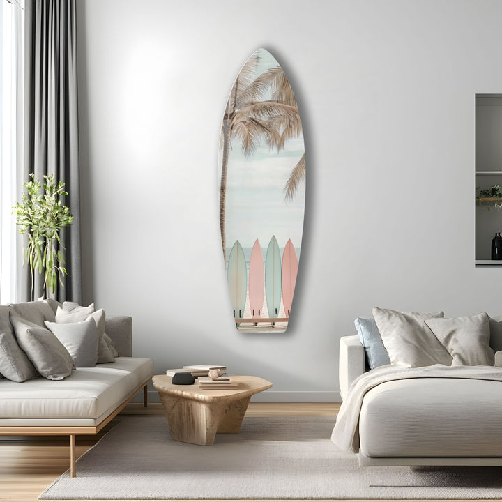 Calming beach-inspired glass wall art featuring pastel surfboards and a serene coastal landscape.
