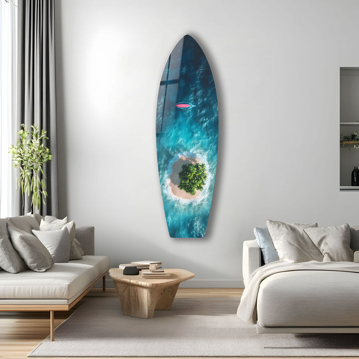 Escape to a tropical paradise with this breathtaking glass wall art of an island surrounded by turquoise waters.
