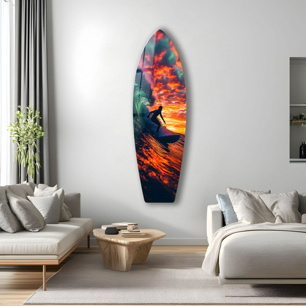 Vibrant sunset surfing scene, bringing the beauty of the ocean and action to your walls.
