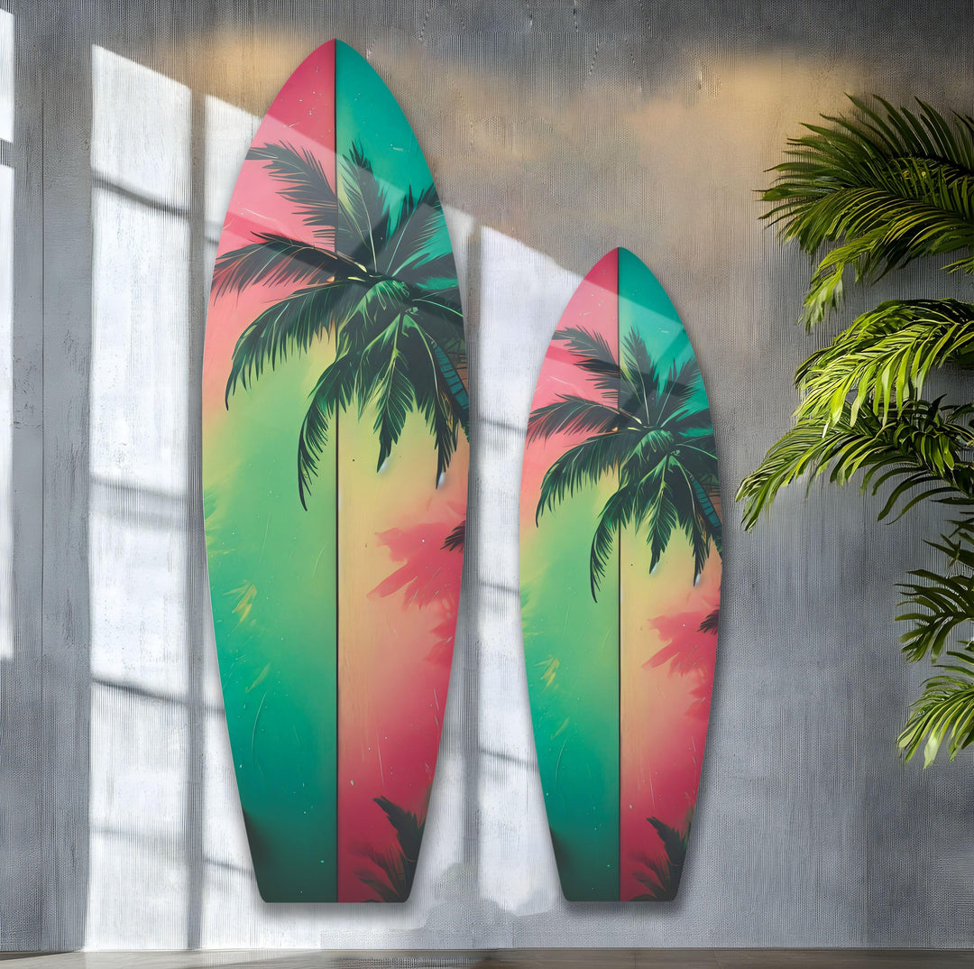 Green & Red Palm Leafs Surfboard Wall Art