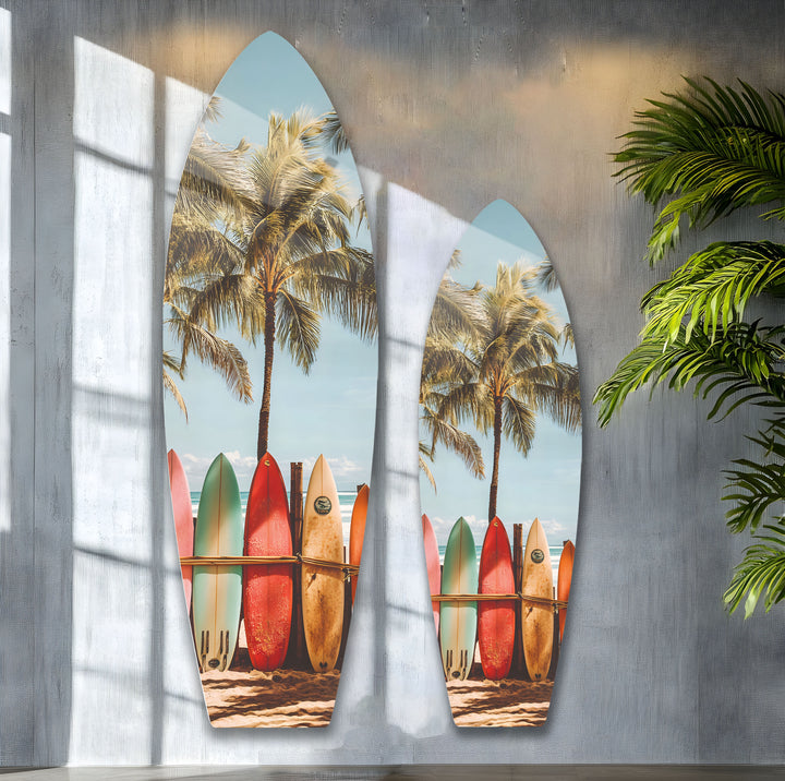 Surf-inspired decor with a stunning surfboard lineup and tropical palm trees.
