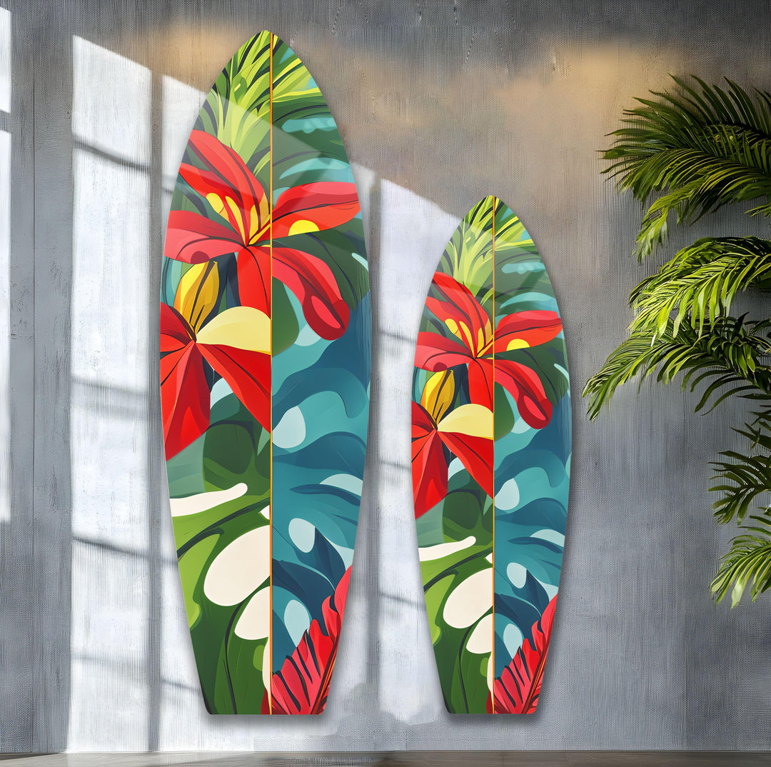 Red Flowers Surfboard Wall Art