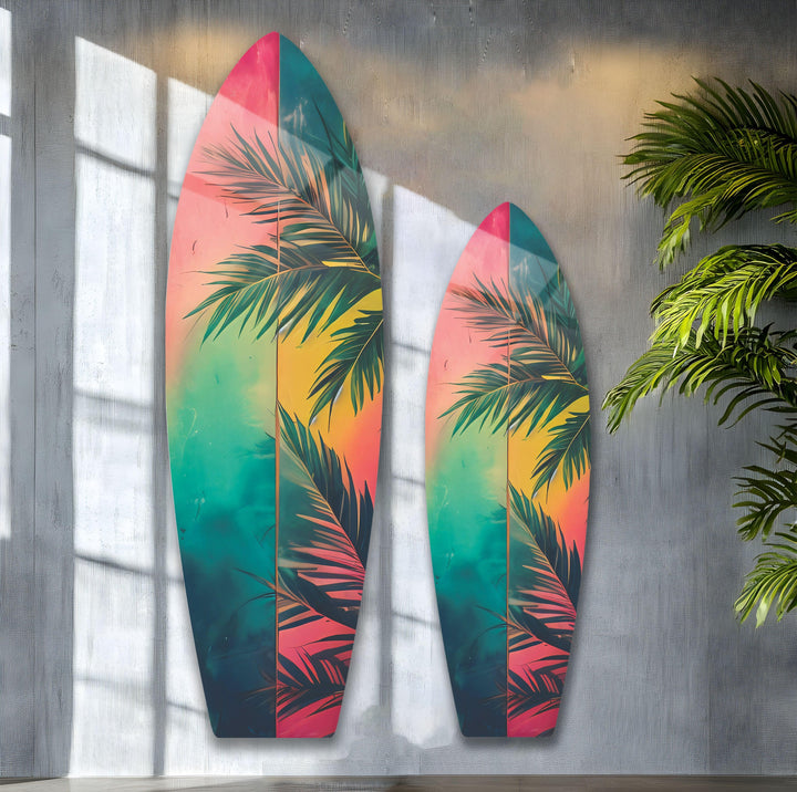 Green Palm Leafs Surfboard Wall Art