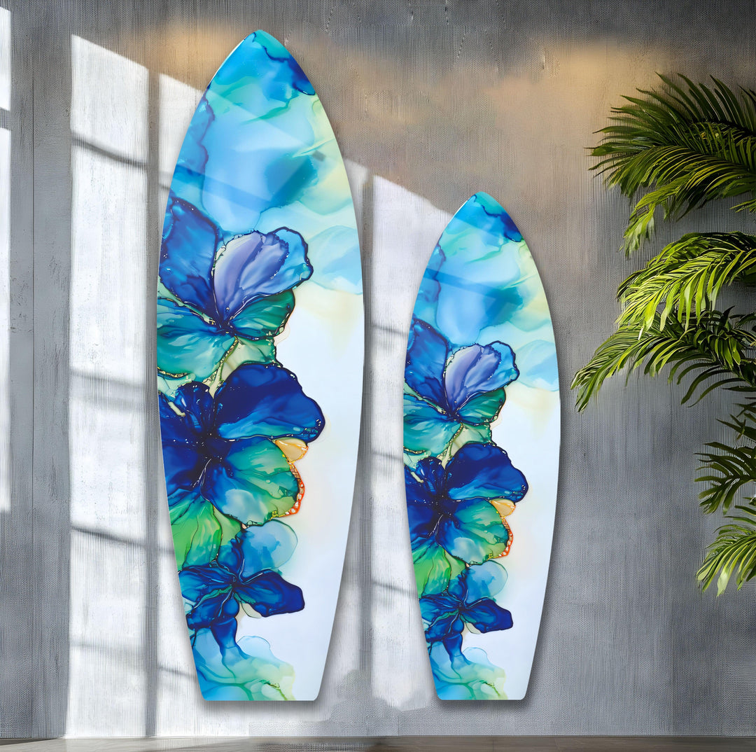 Blue Alcohol Ink Flower Surfboard Wall Art