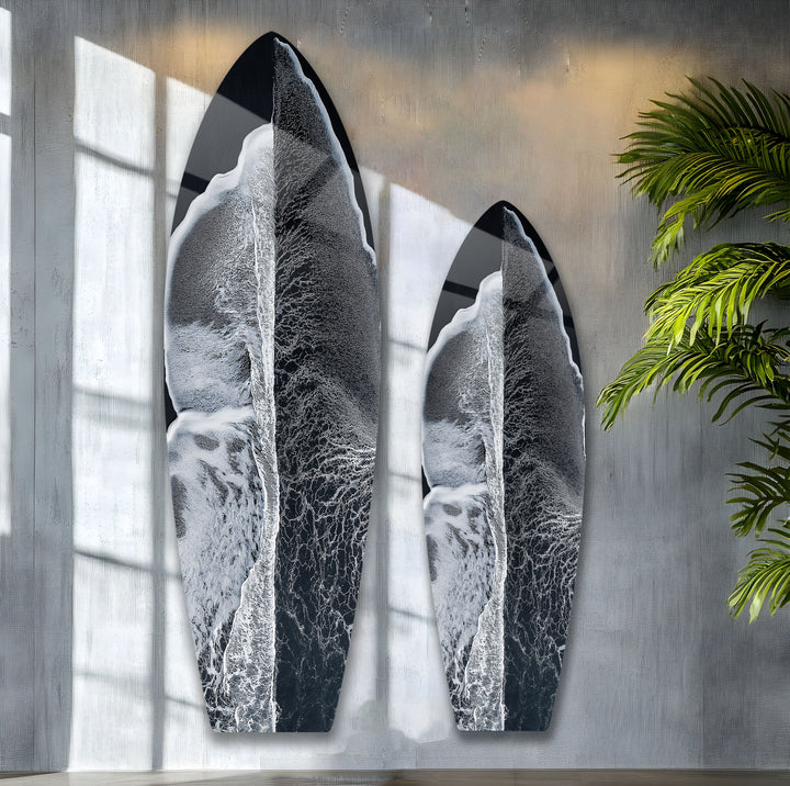 Monochrome Wave Surfboard Wall Art