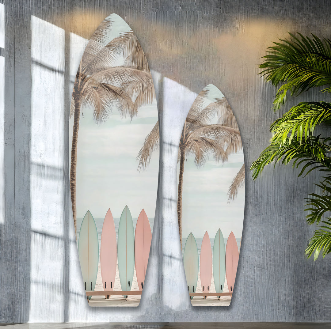 Relaxing coastal decor with pastel surfboards and palm trees, capturing the essence of the beach.
