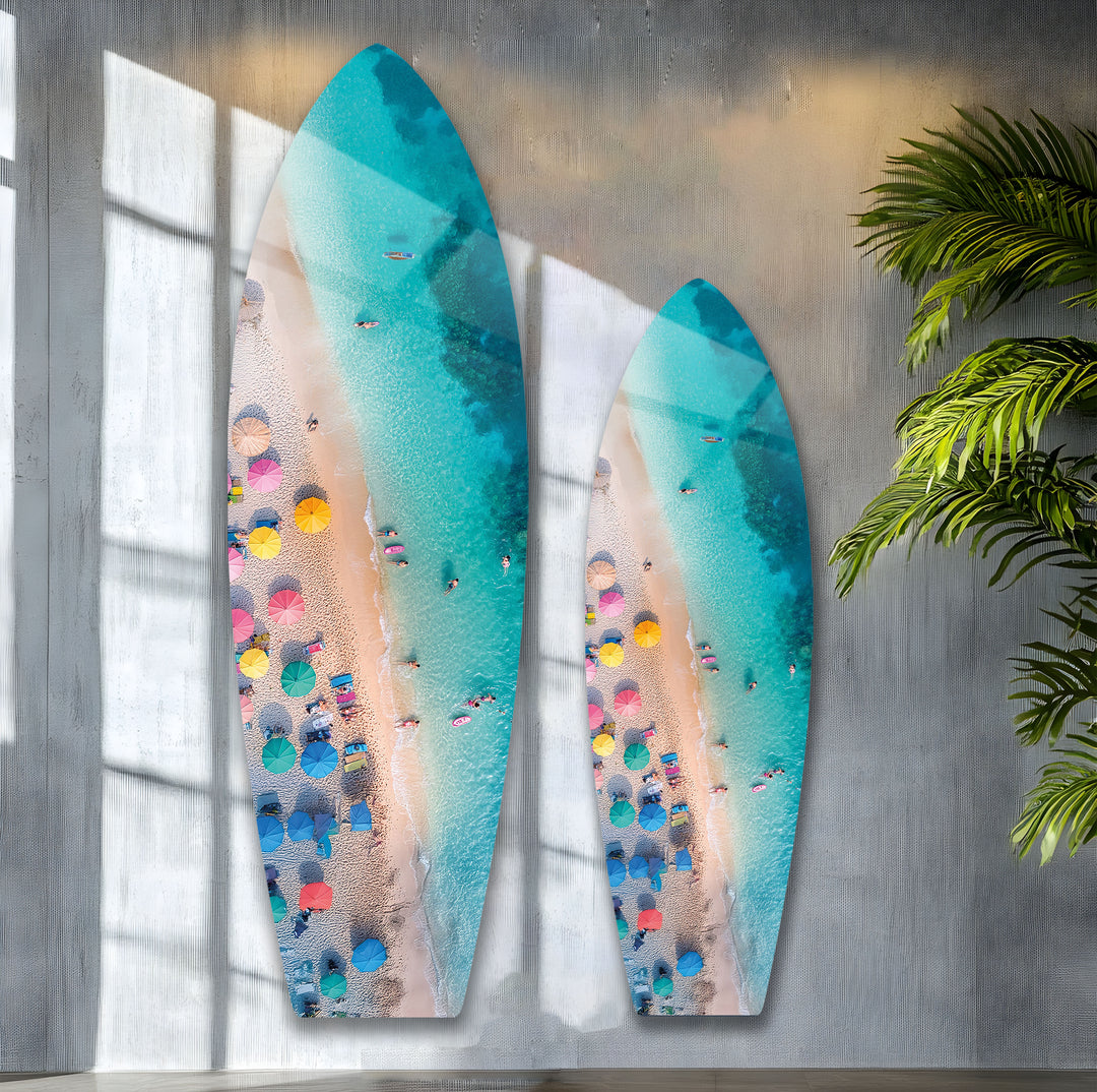 Blue Tropical Beach Surfboard Wall Art