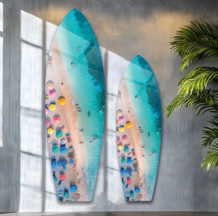 Blue Tropical Beach Surfboard Wall Art