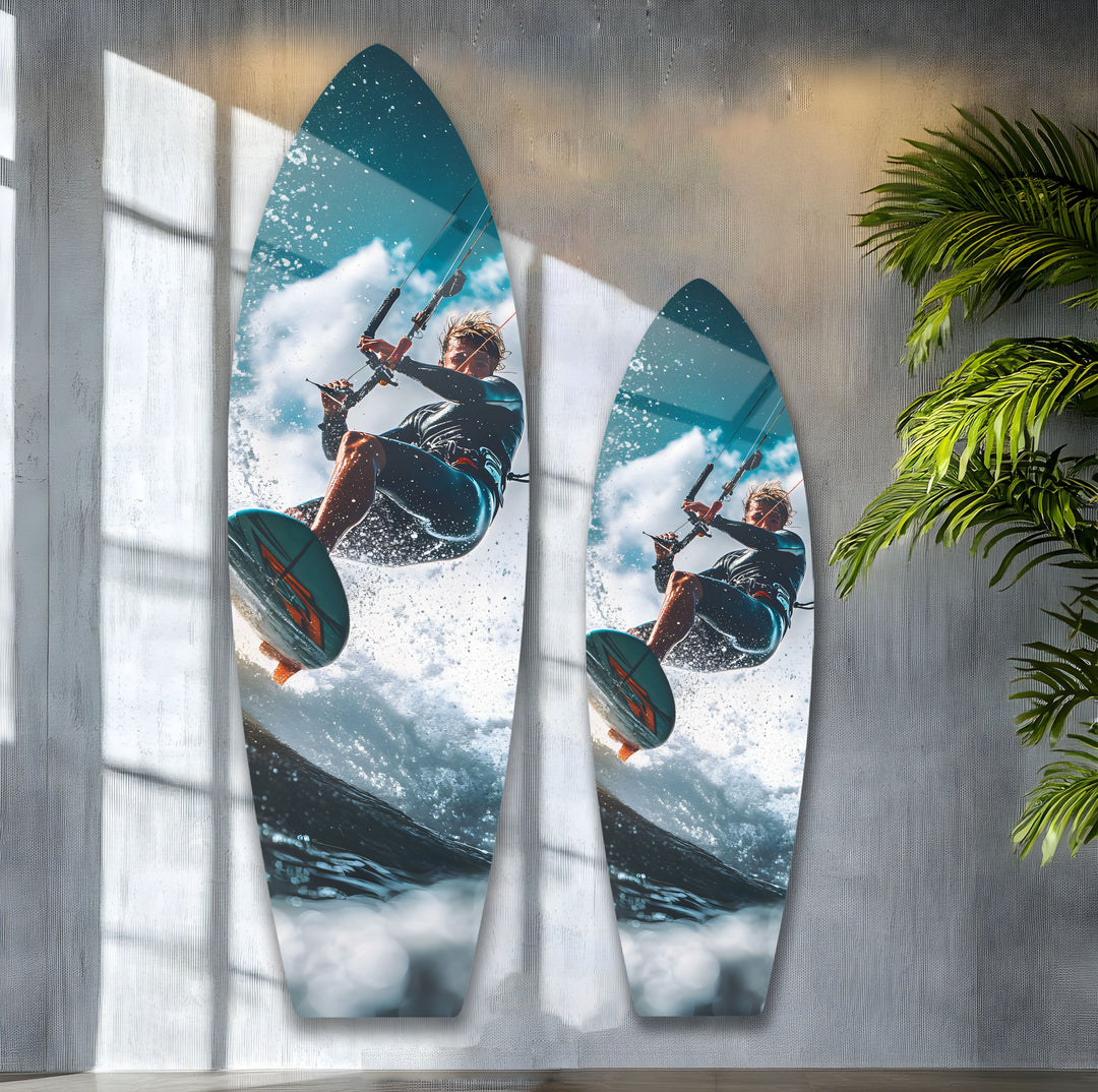 Bold and energetic kite surfing glass wall art, ideal for coastal and modern decor.
