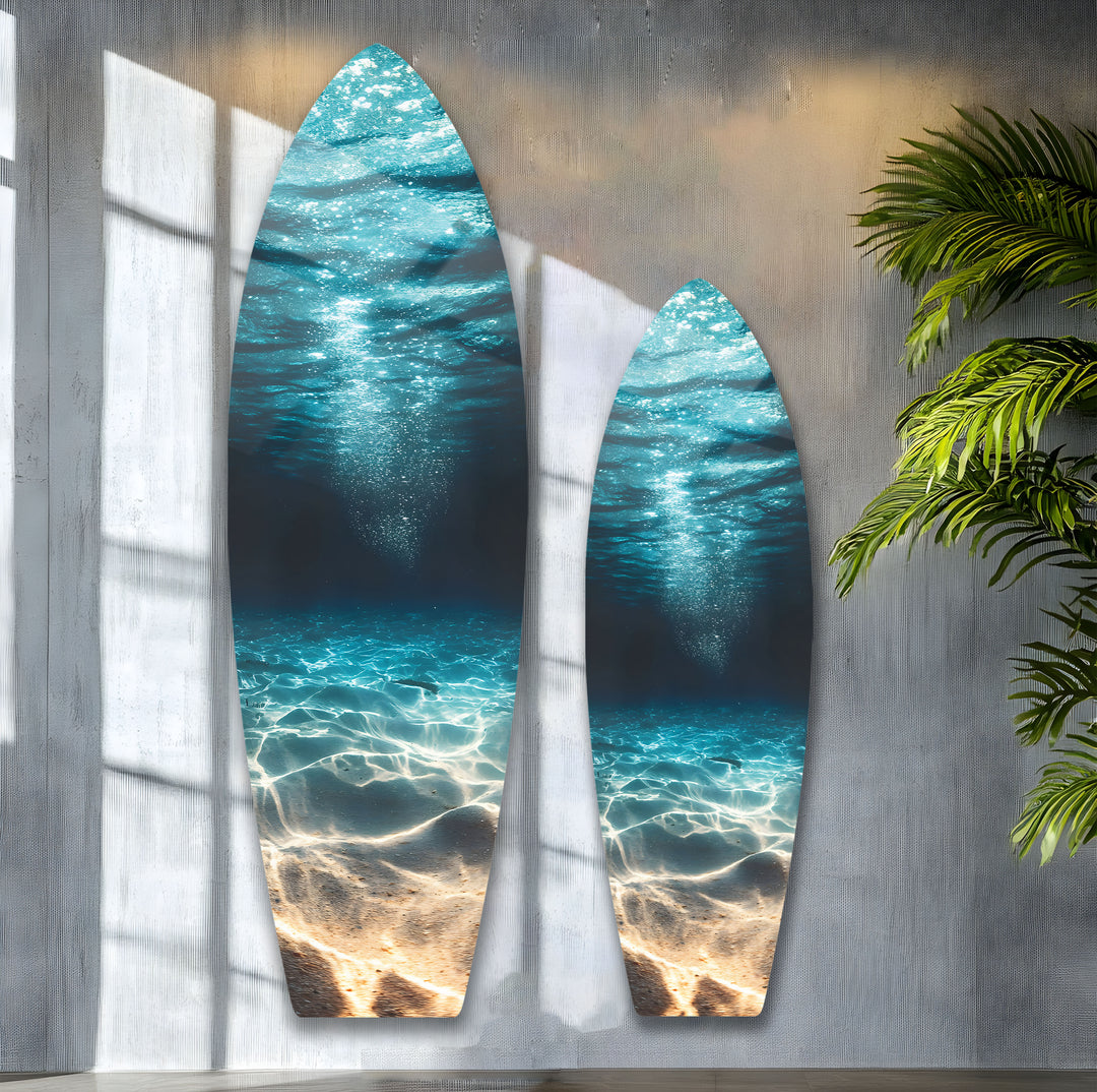 Ocean-inspired surfboard wall art featuring a mesmerizing underwater perspective.
