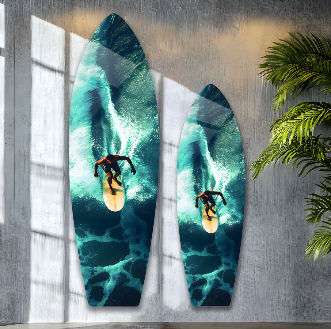 Dynamic surfing action, captured in glass wall art that brings the power of the ocean to life.
