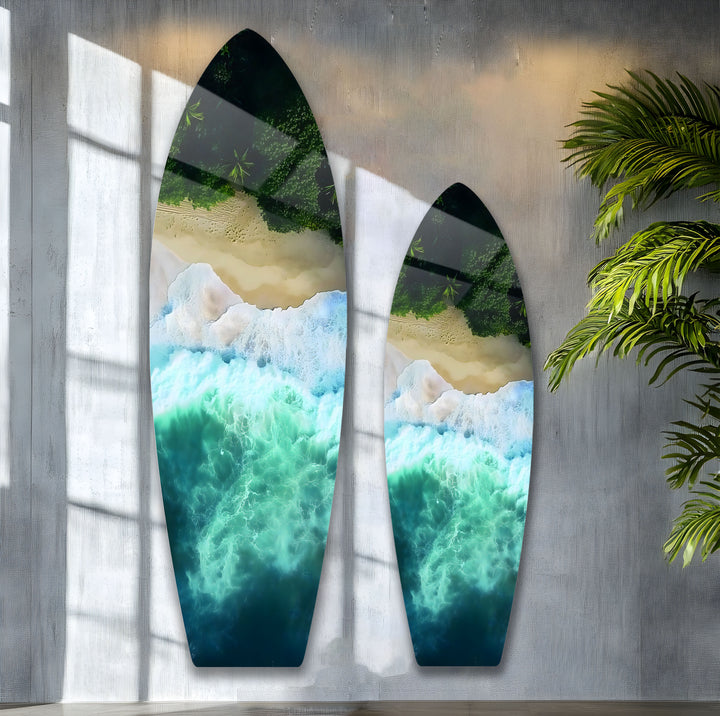 Breathtaking aerial view of ocean waves meeting sandy shores, surrounded by palm trees, captured in vibrant glass art.
