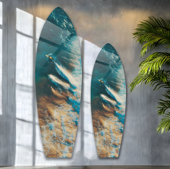 Surfer in motion, creating splashes in vibrant ocean hues, displayed on premium glass.
