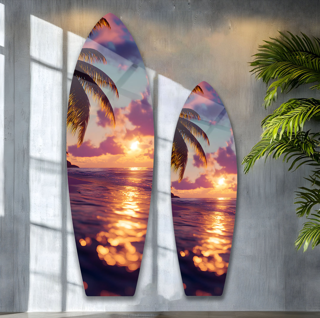 Tropical palm trees and a stunning ocean sunset, perfectly printed on glass for a beach-inspired addition to your decor.
