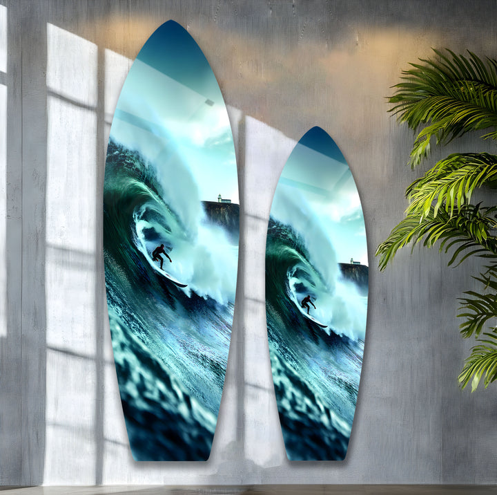 Epic Surfing Art: Glass wall art featuring a thrilling wave and surfer riding the ocean’s power with breathtaking clarity.
