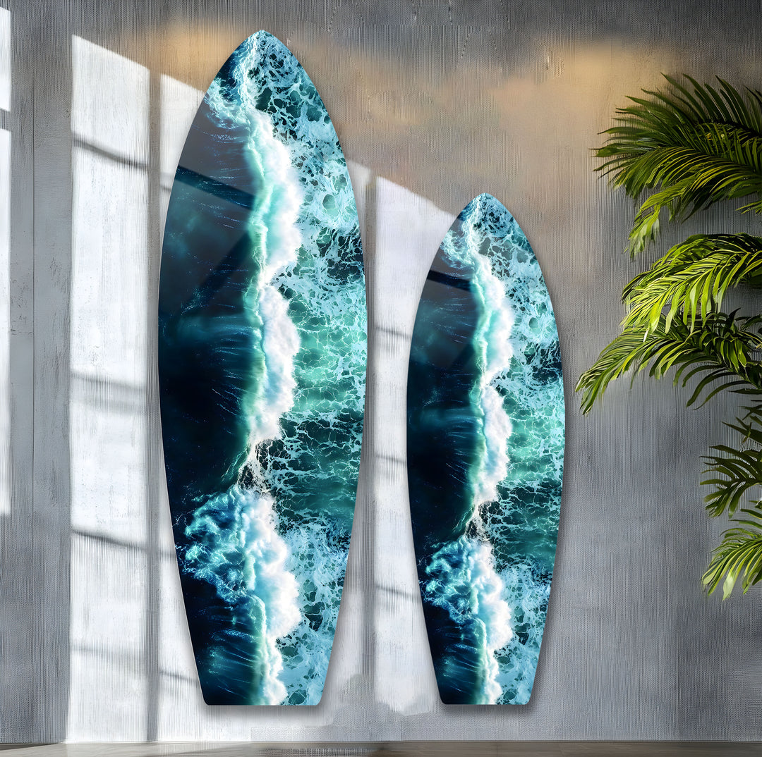 Vibrant crashing waves displayed in high-definition glass art, perfect for beach lovers.
