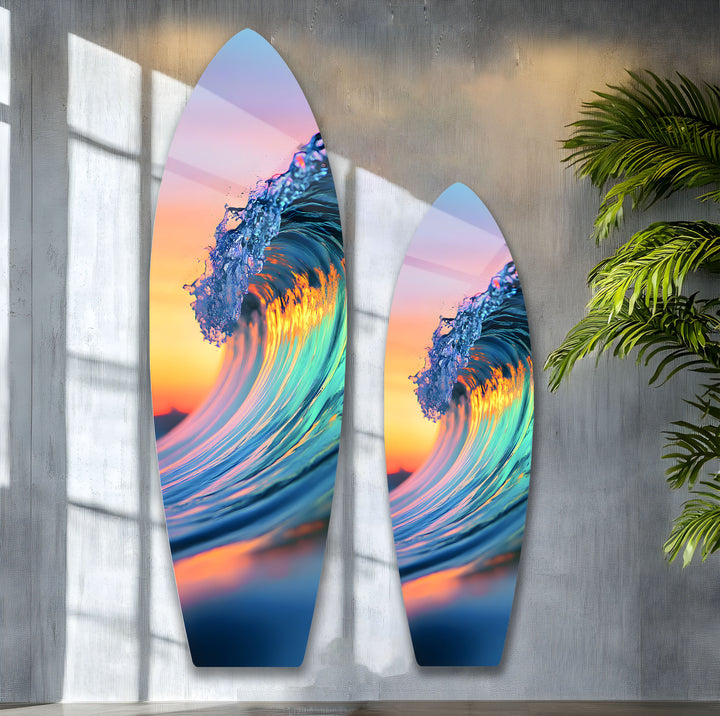 Dynamic glass wall art featuring a vibrant ocean wave against a stunning sunset sky.
