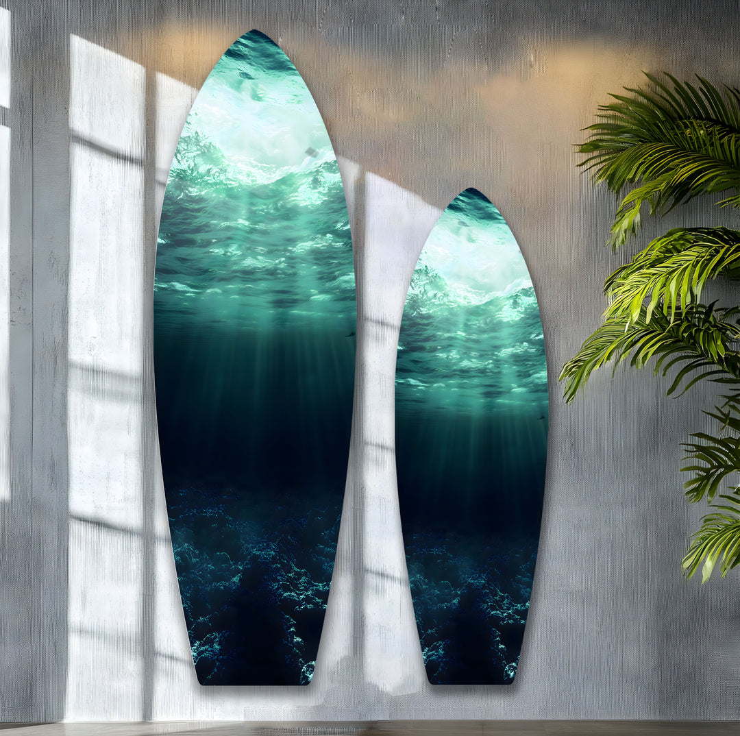 Peaceful underwater scene, with light shimmering on the ocean floor, brought to life on high-quality glass.
