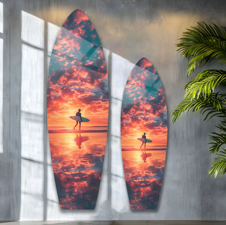 A silhouette of a surfer under a fiery sunset, bringing dynamic beach vibes to your room.
