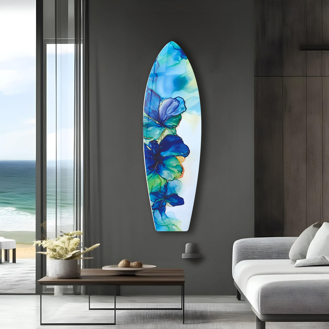 Blue Alcohol Ink Flower Surfboard Wall Art