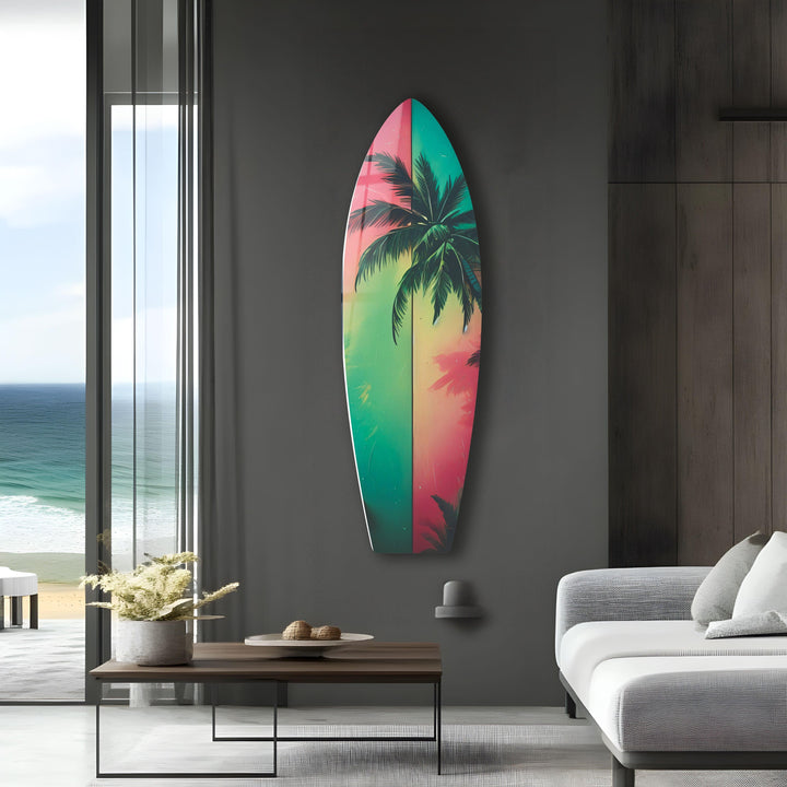 Green & Red Palm Leafs Surfboard Wall Art