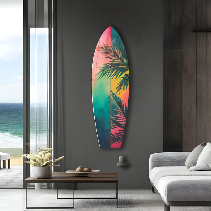 Green Palm Leafs Surfboard Wall Art