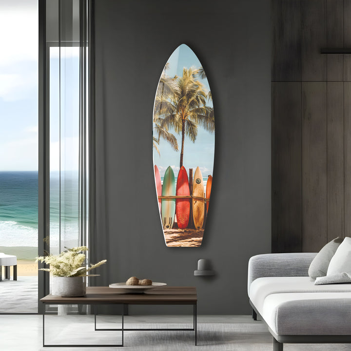 A perfect glass wall art for surf lovers, featuring a vibrant coastal atmosphere.
