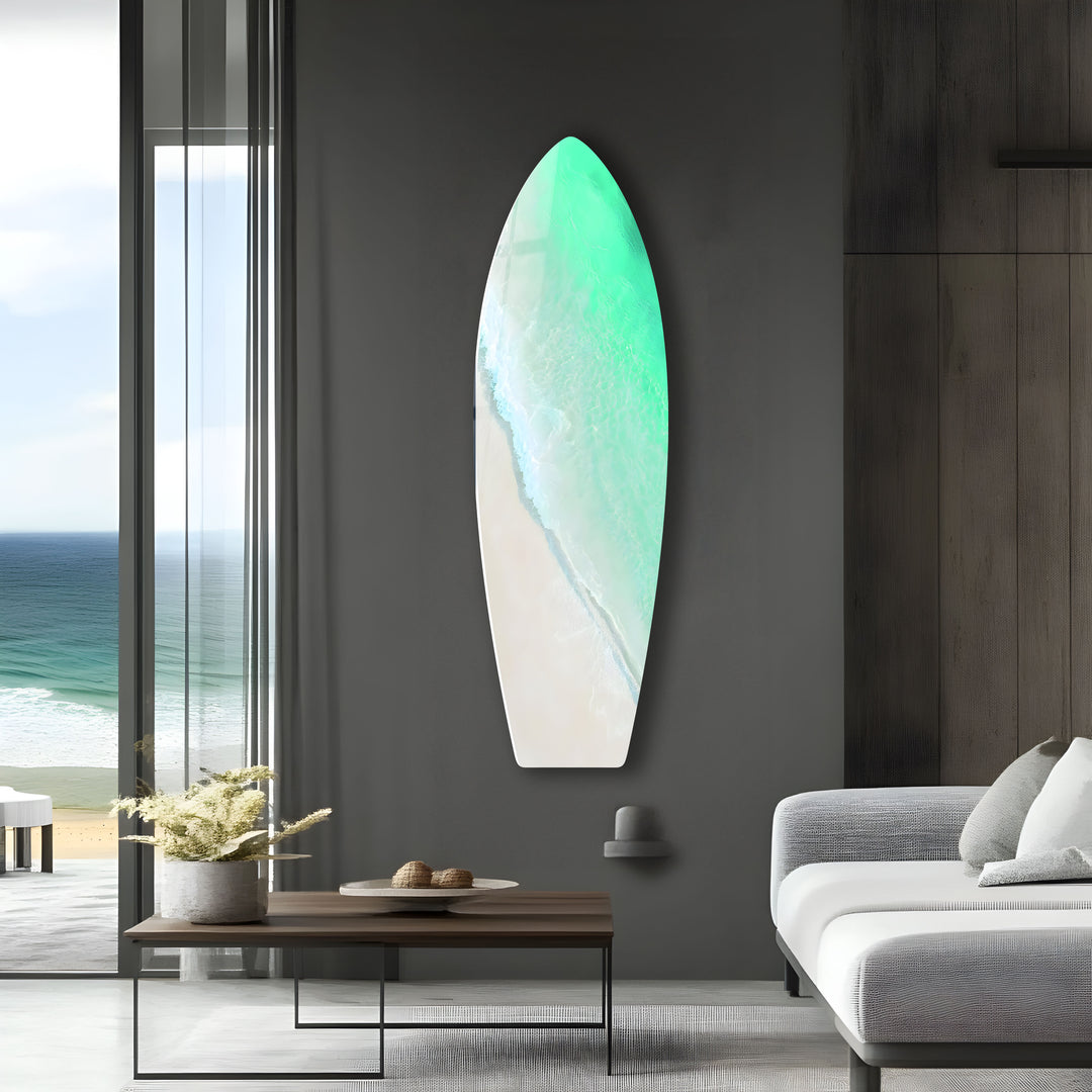 Crystal-clear ocean meets soft sand in this stunning glass art piece, bringing the beach into your home.
