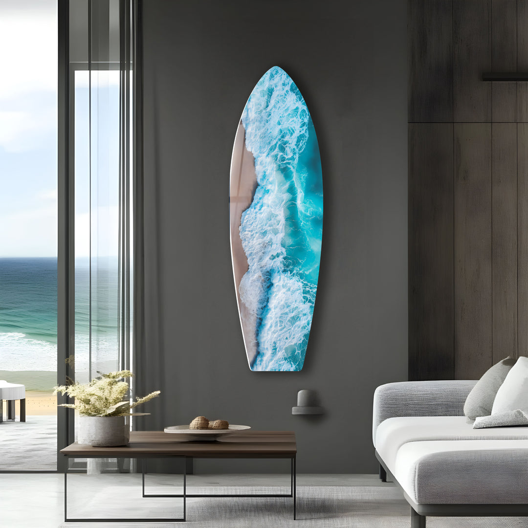 A vibrant glass wall art piece showcasing the motion and beauty of ocean waves.
