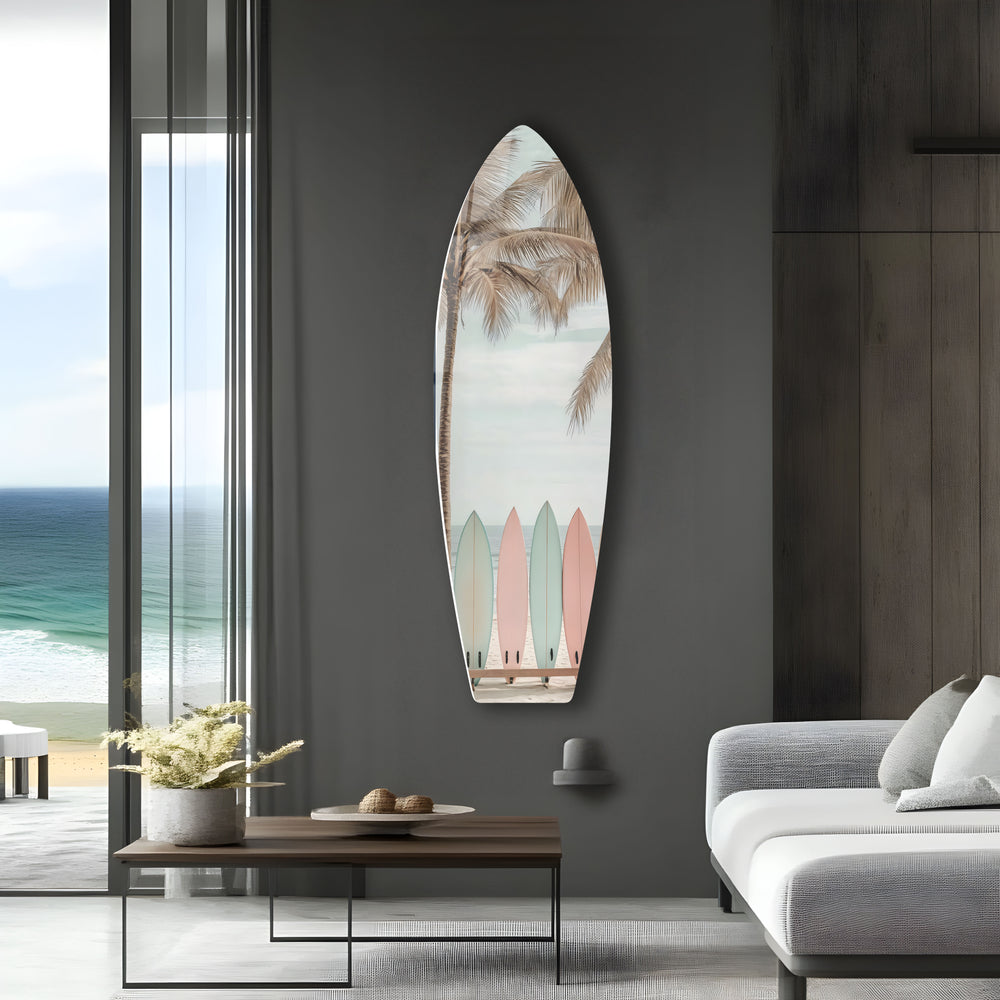 Tropical beach scene with colorful surfboards and palm trees, perfect for coastal home decor.
