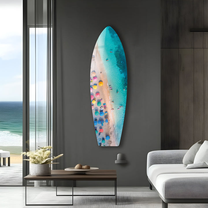 Blue Tropical Beach Surfboard Wall Art