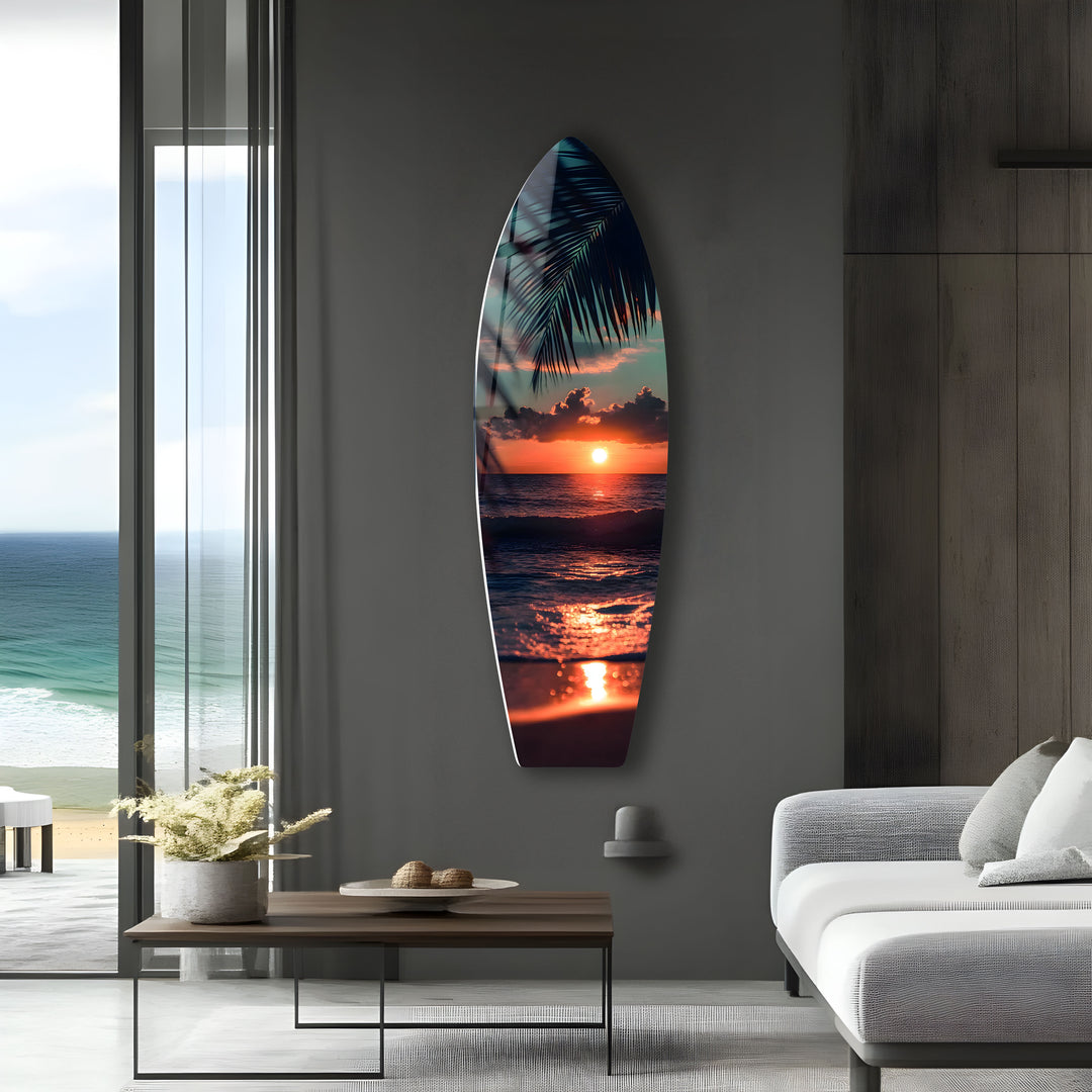 Palm Beach Sunset Art: A stunning glass wall art piece capturing the serenity of a tropical beach sunset with vibrant ocean hues.
