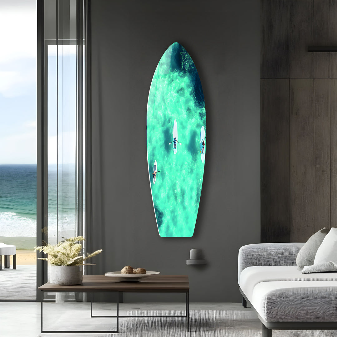 Ocean Tranquility: Paddleboarders captured in vivid colors on premium glass wall art for a peaceful home decor.
