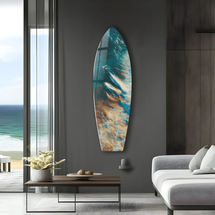 Vibrant ocean surf art with a surfer carving through waves, perfect for coastal decor.
