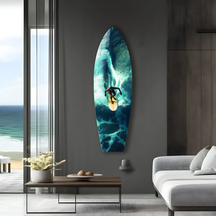 High-energy surfing scene on glass, featuring a surfer riding the waves in stunning detail.
