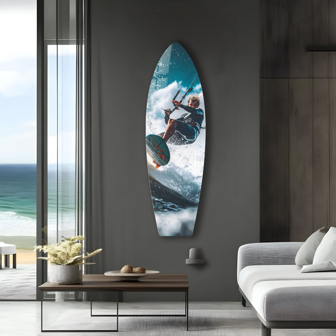 Exciting kite surfing scene in stunning glass wall art, perfect for adventure lovers.
