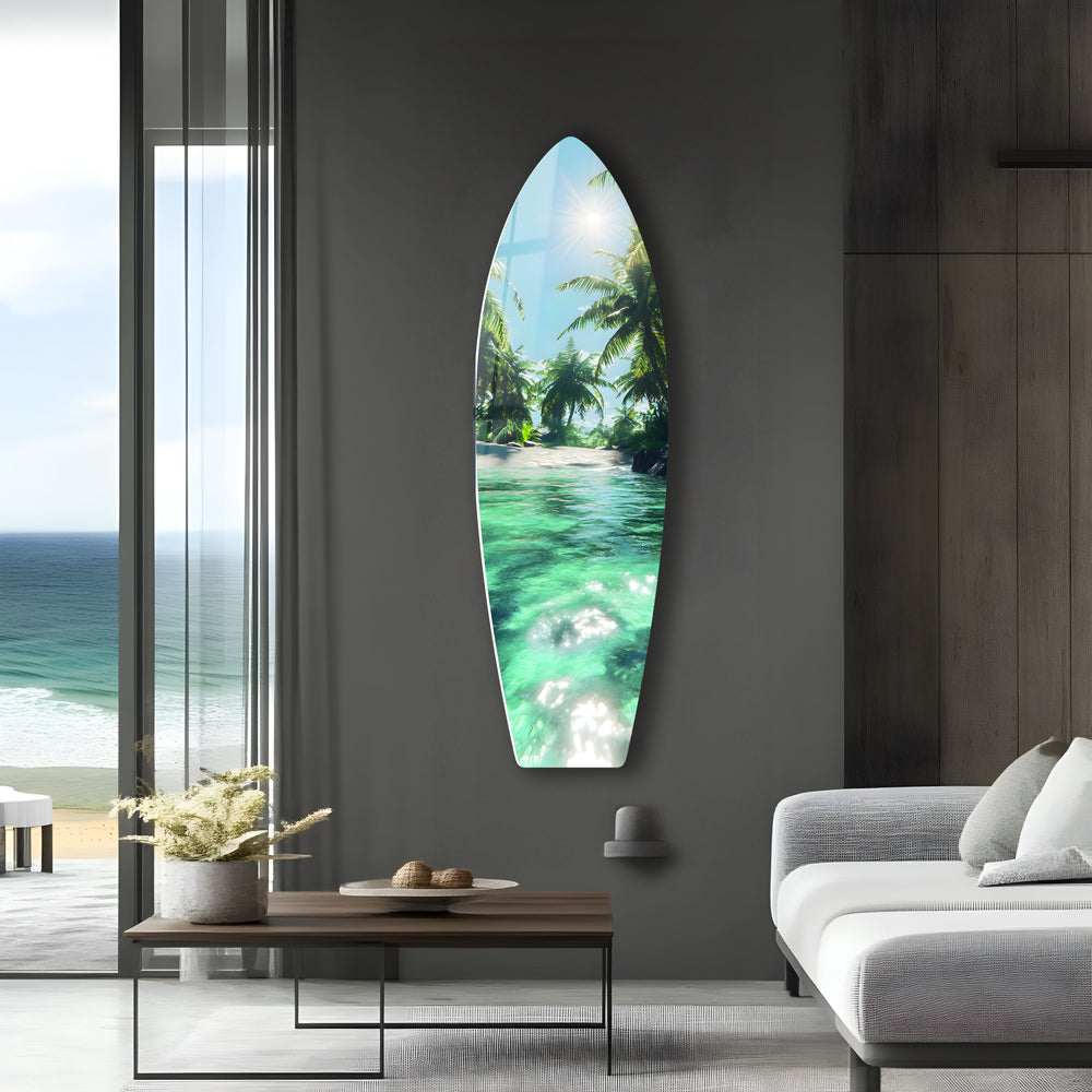 Tropical beach scene with palm trees and sparkling waters, bringing paradise to your walls.
