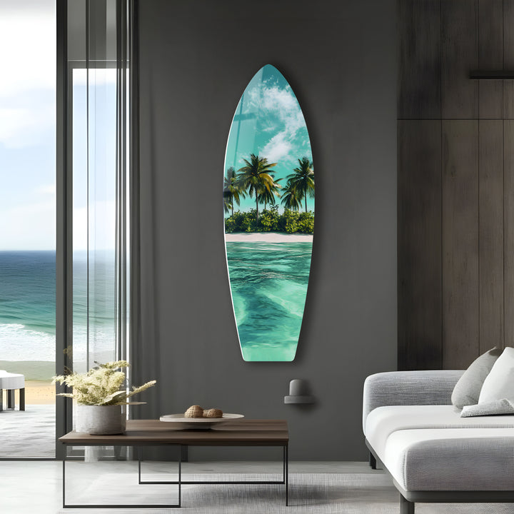 Serene ocean view with palm trees swaying in the breeze, perfect for beach-inspired decor.
